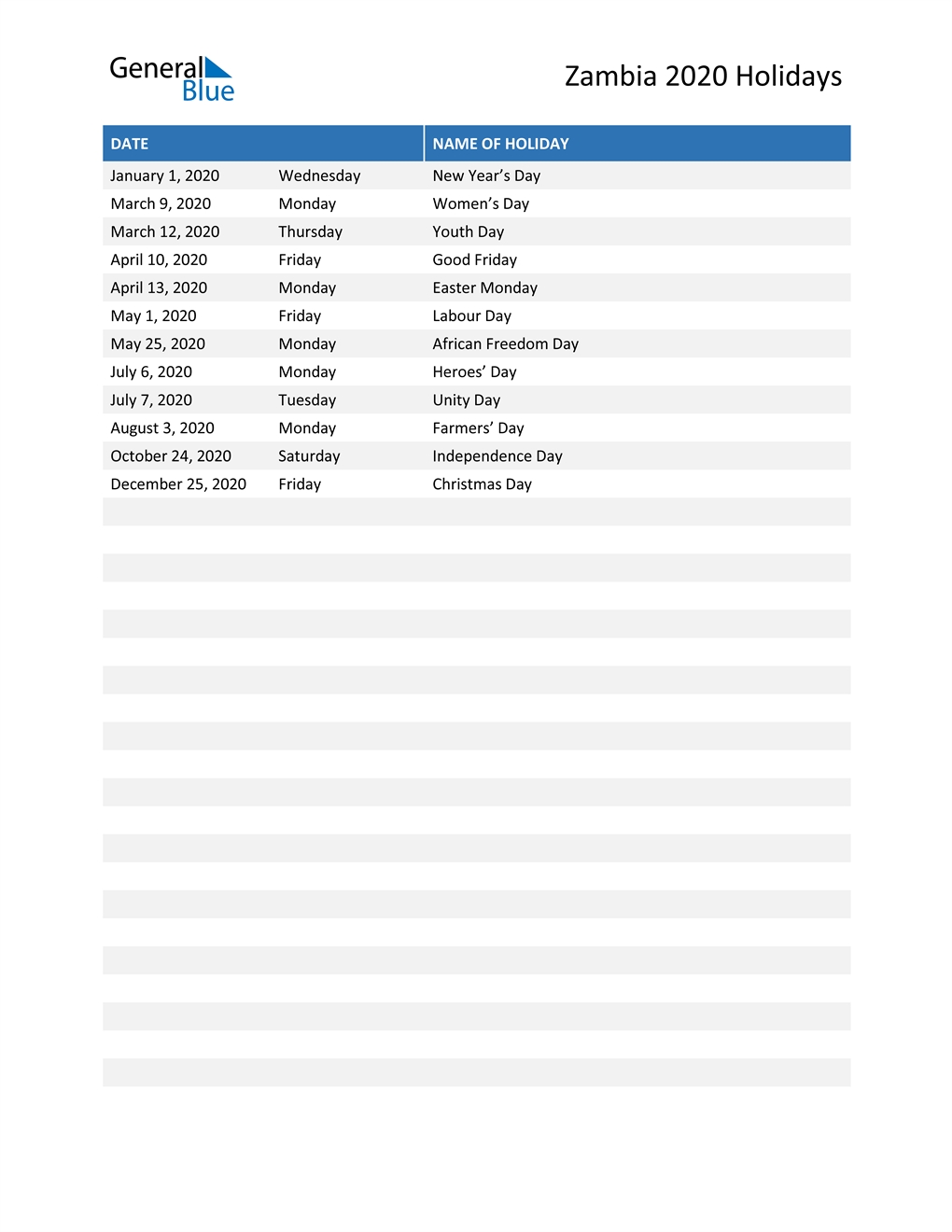 2021 Zambian Calendar - Example Calendar Printable