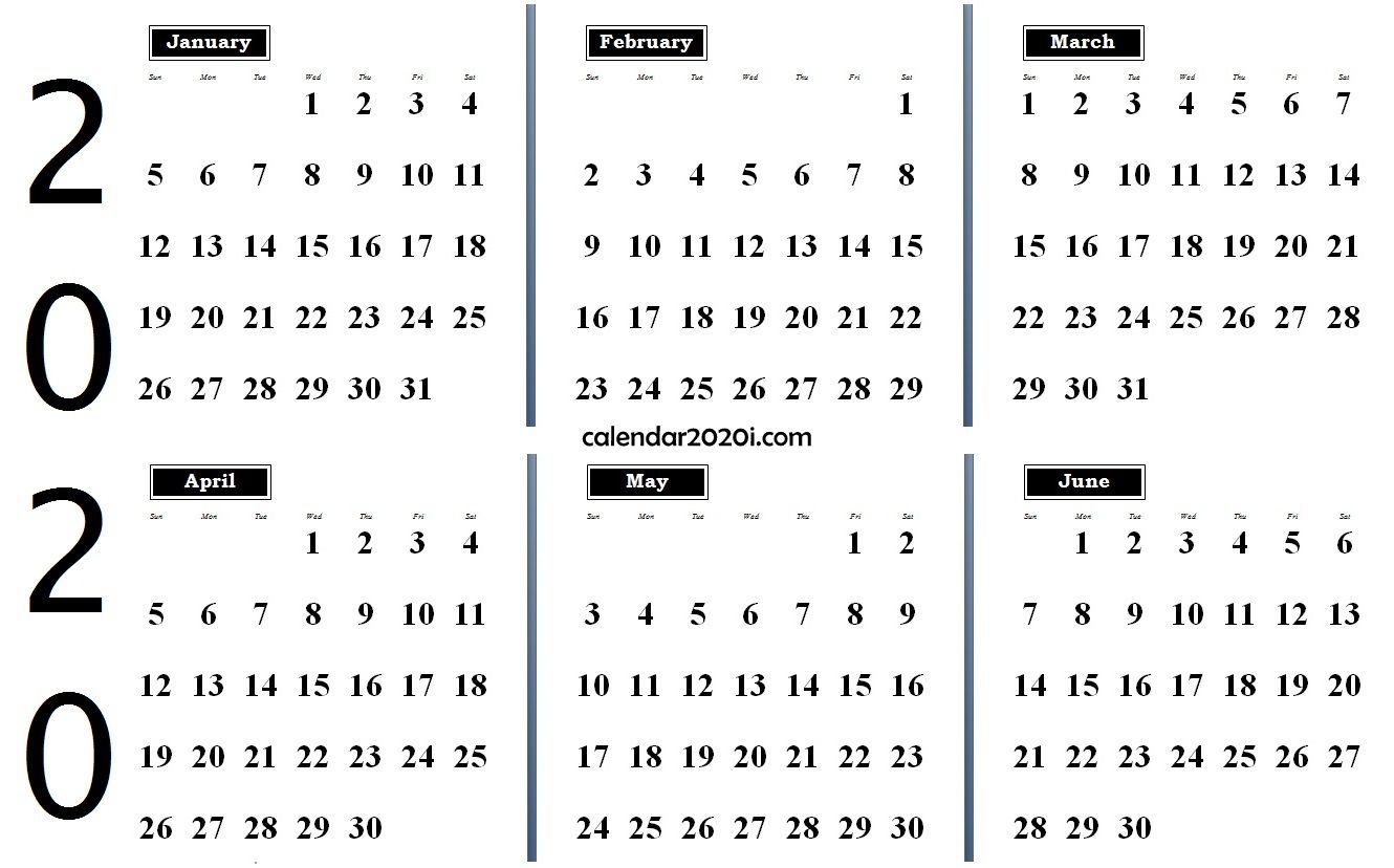 2020 6 months calendar from january to june | printable