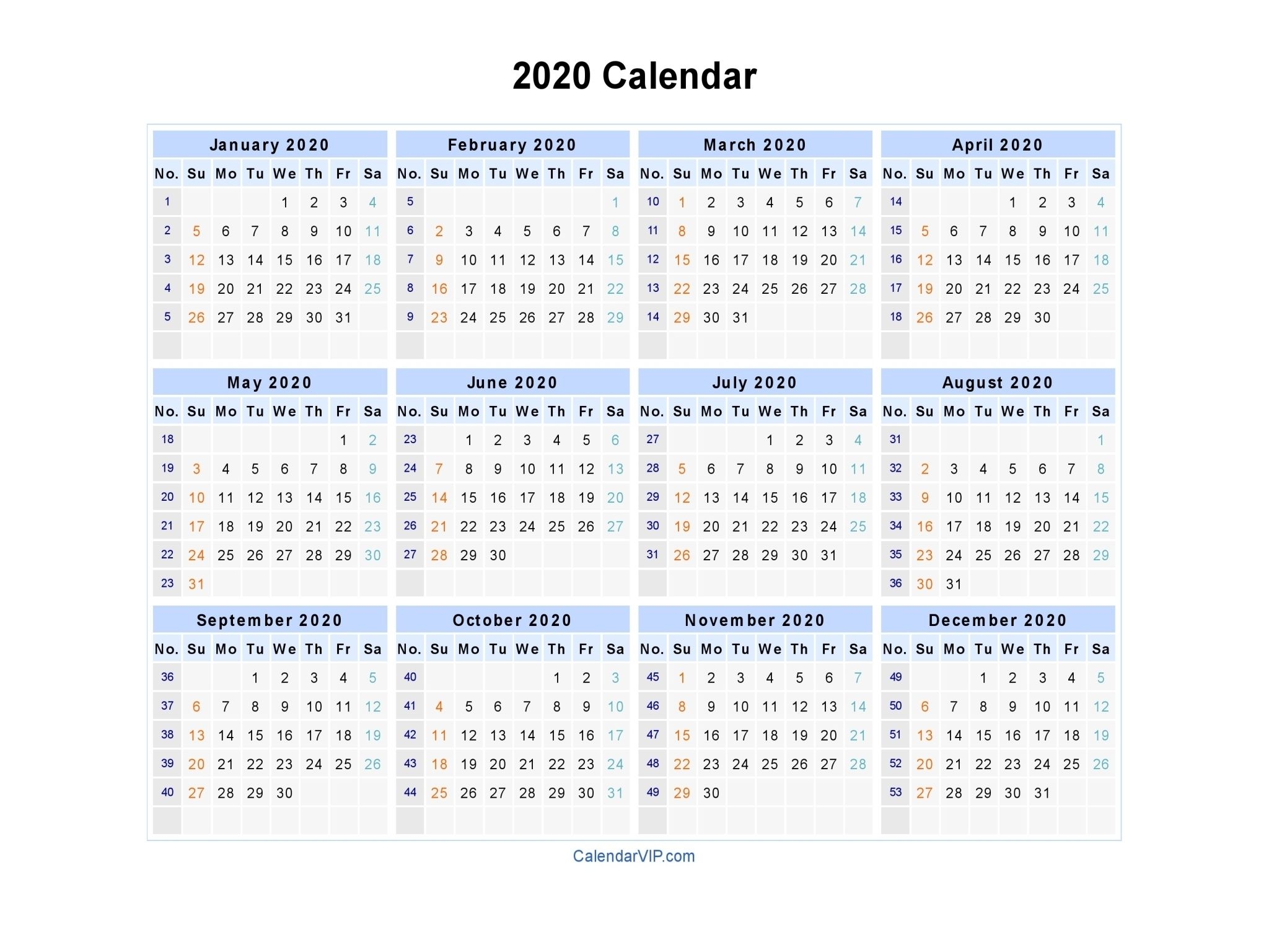 2020 calendar – blank printable calendar template in pdf