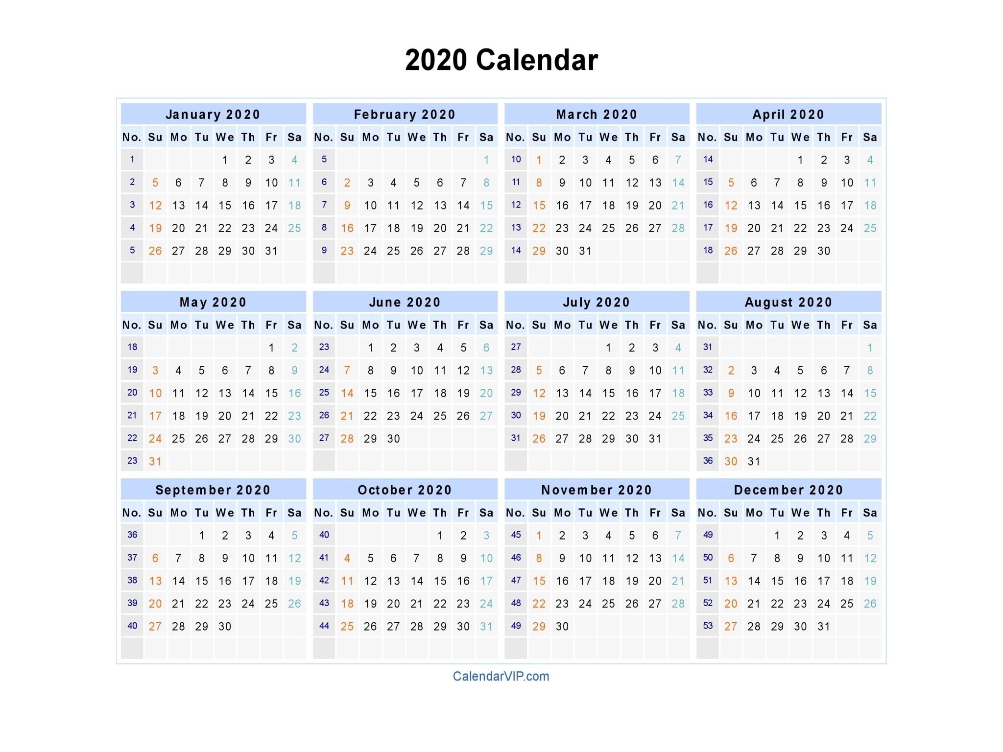 2020 Calendar – Blank Printable Calendar Template In Pdf