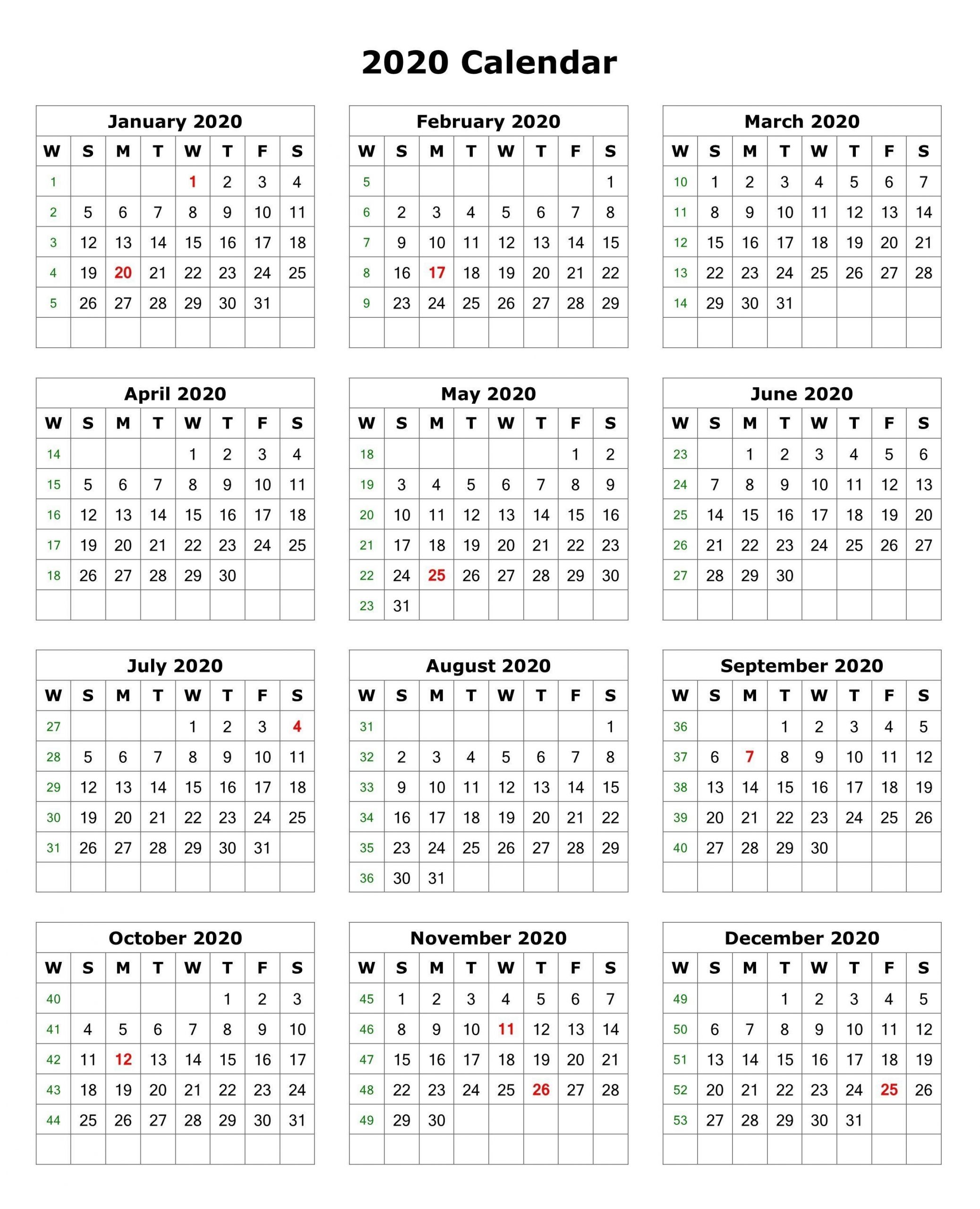 2020 One Page Calendar Printable | Calendar 2020 | Printable