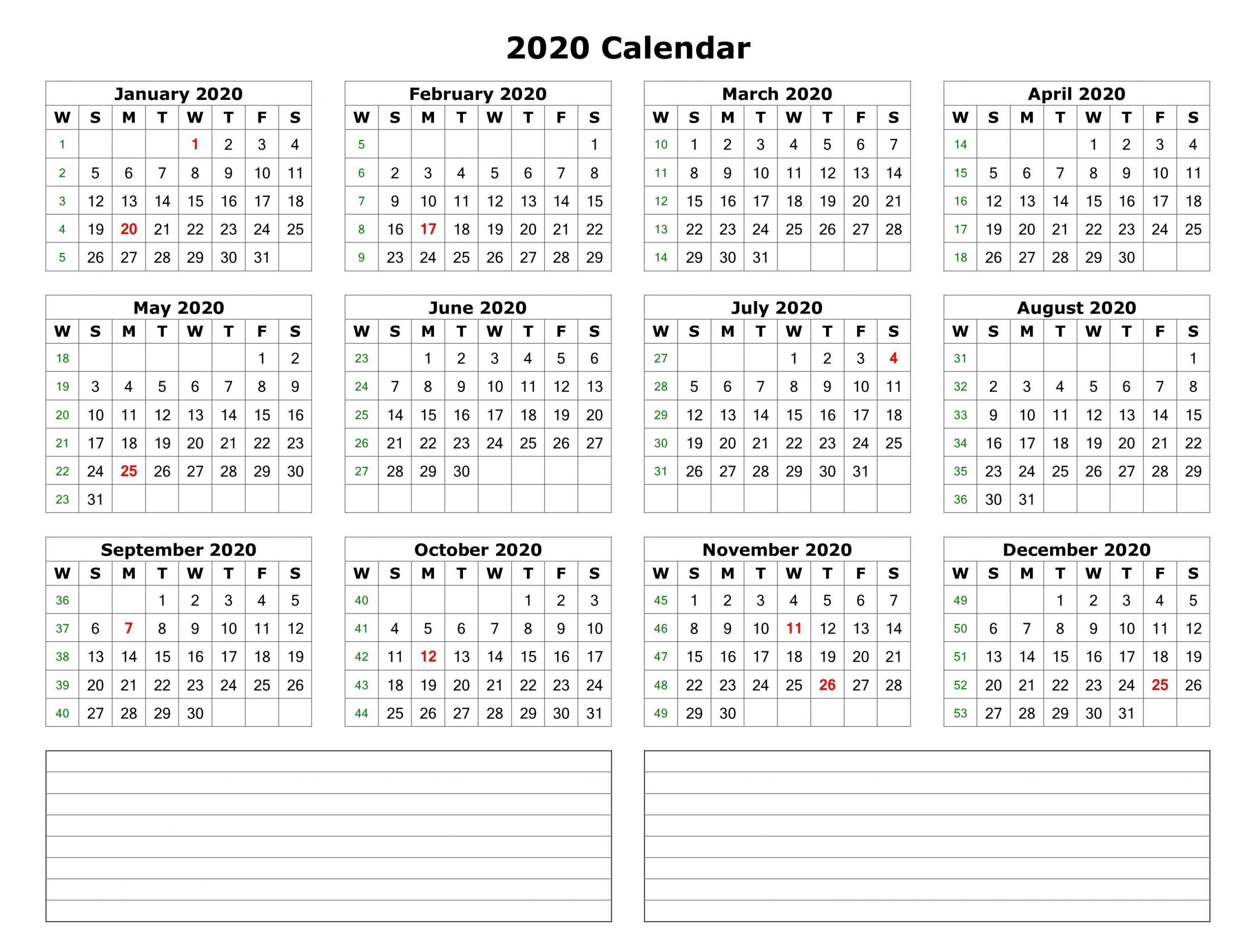 2020 one page calendar with notes | yearly calendar template