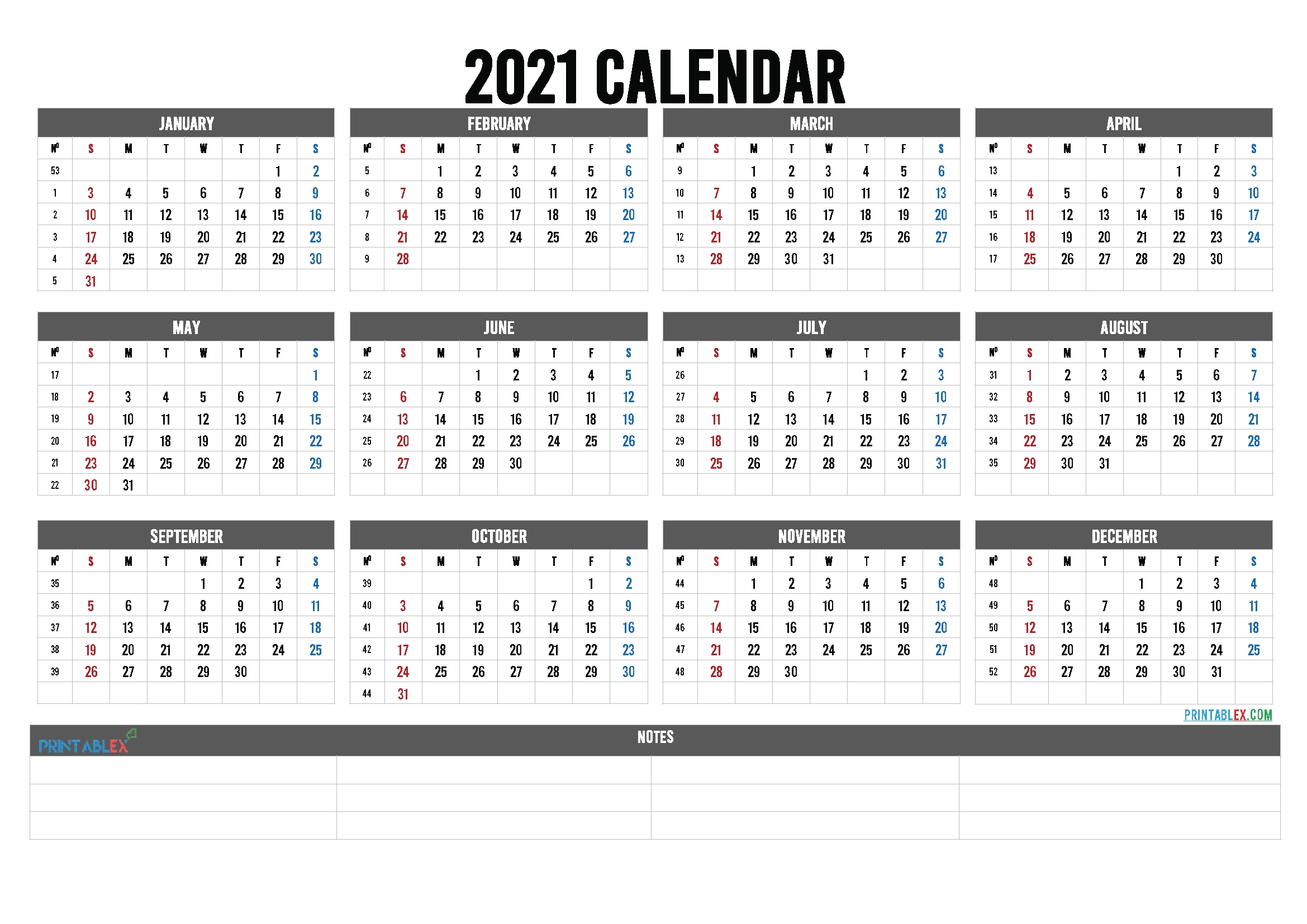 2021 calendar with week numbers printable