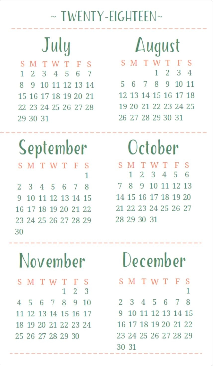 6 Month One Page Calendar 2018 | Latest Calendar