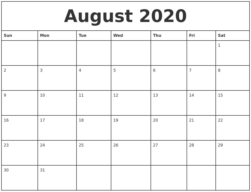 august 2020 printable monthly calendar