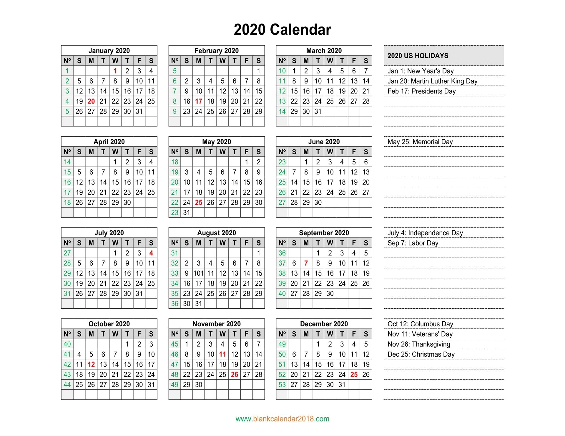 blank calendar 2020