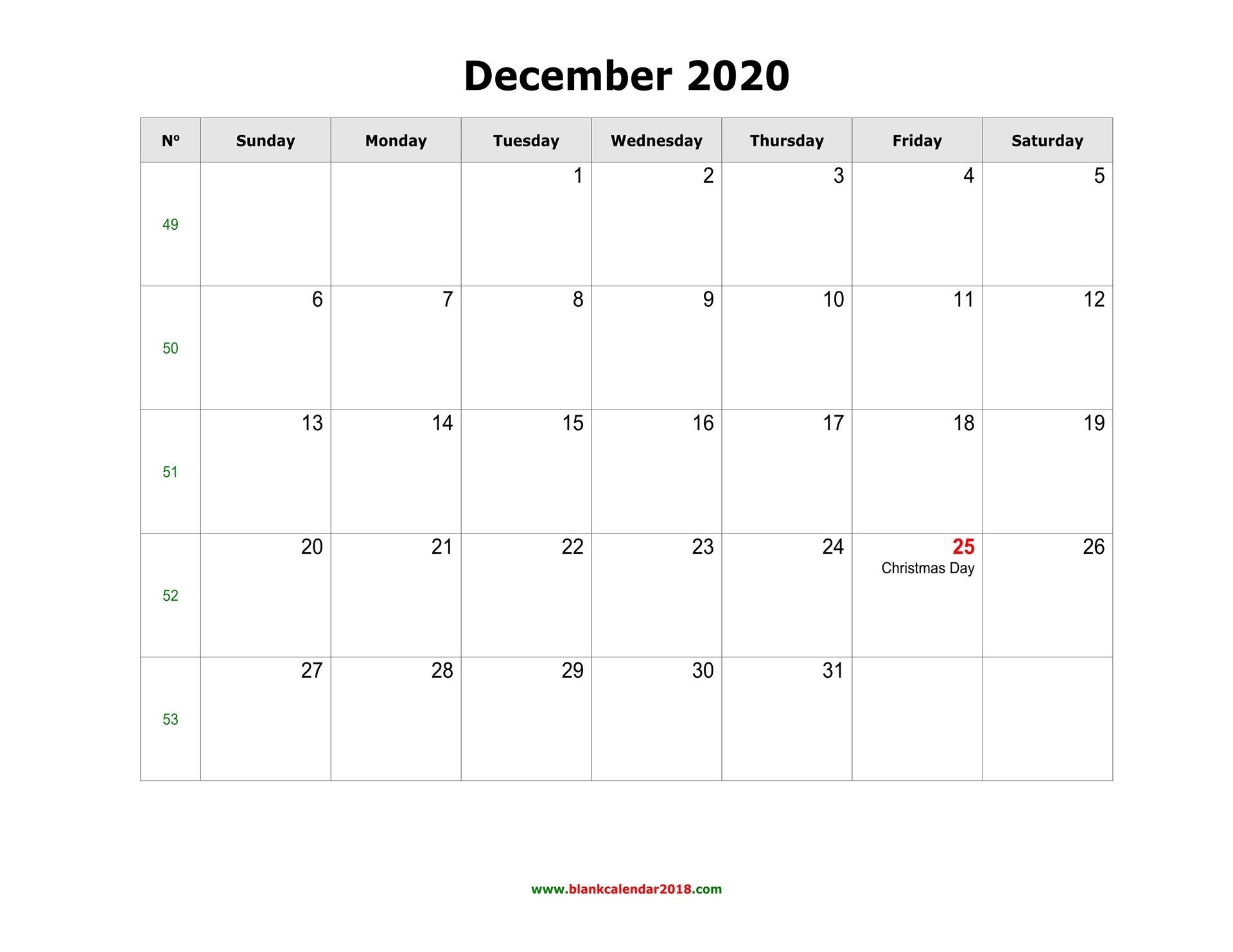 Blank Calendar For December 2020