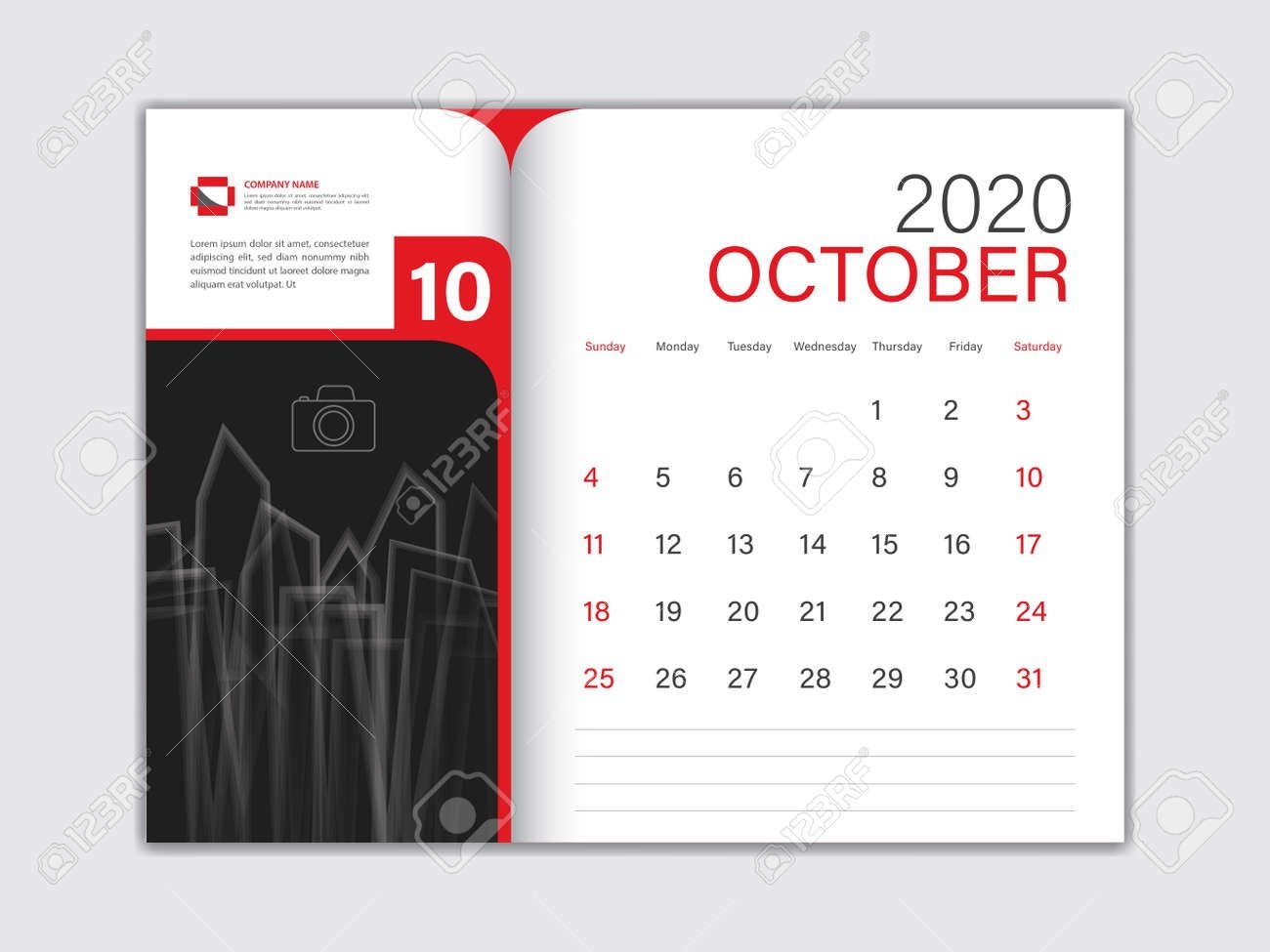 Calendar 2020 Design Vector, Desk Calendar 2020 Template, October,