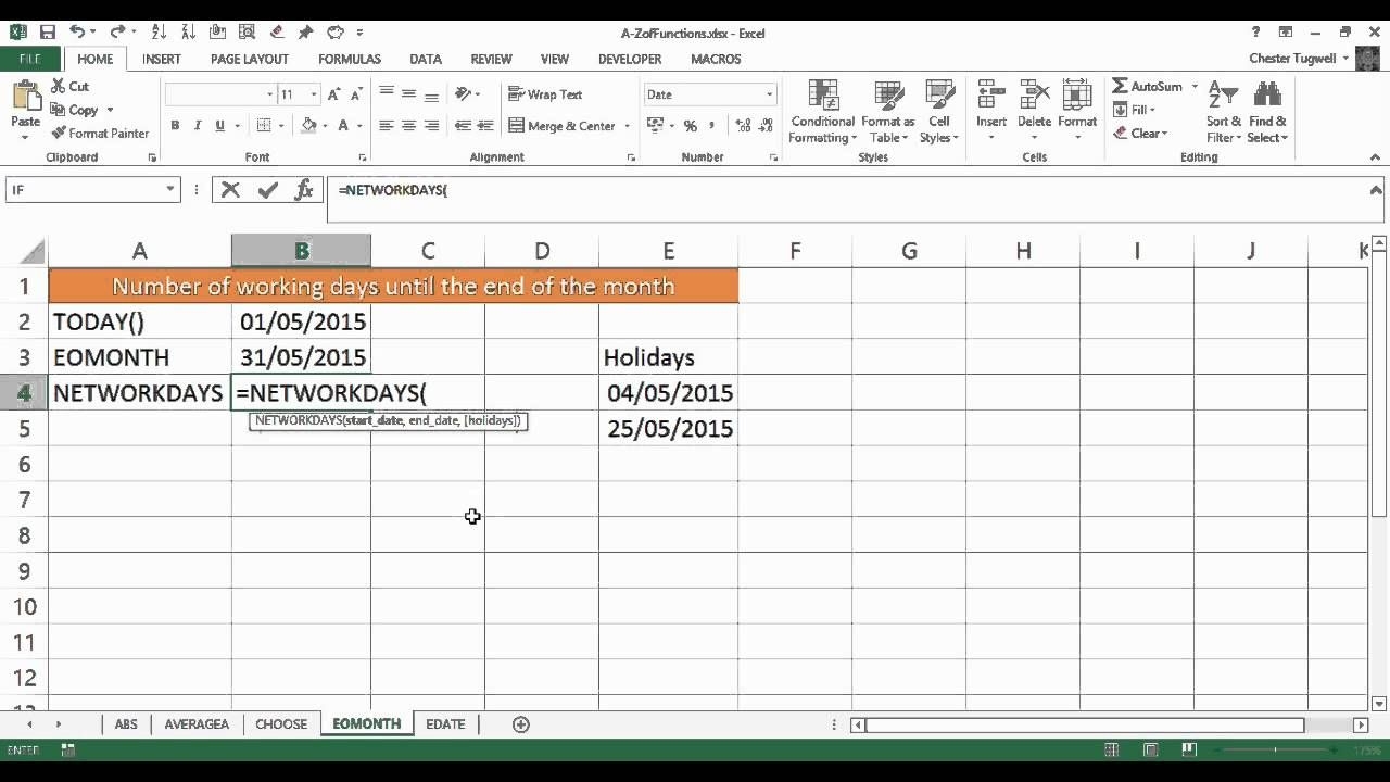 excel: calculate the number of working days left this month