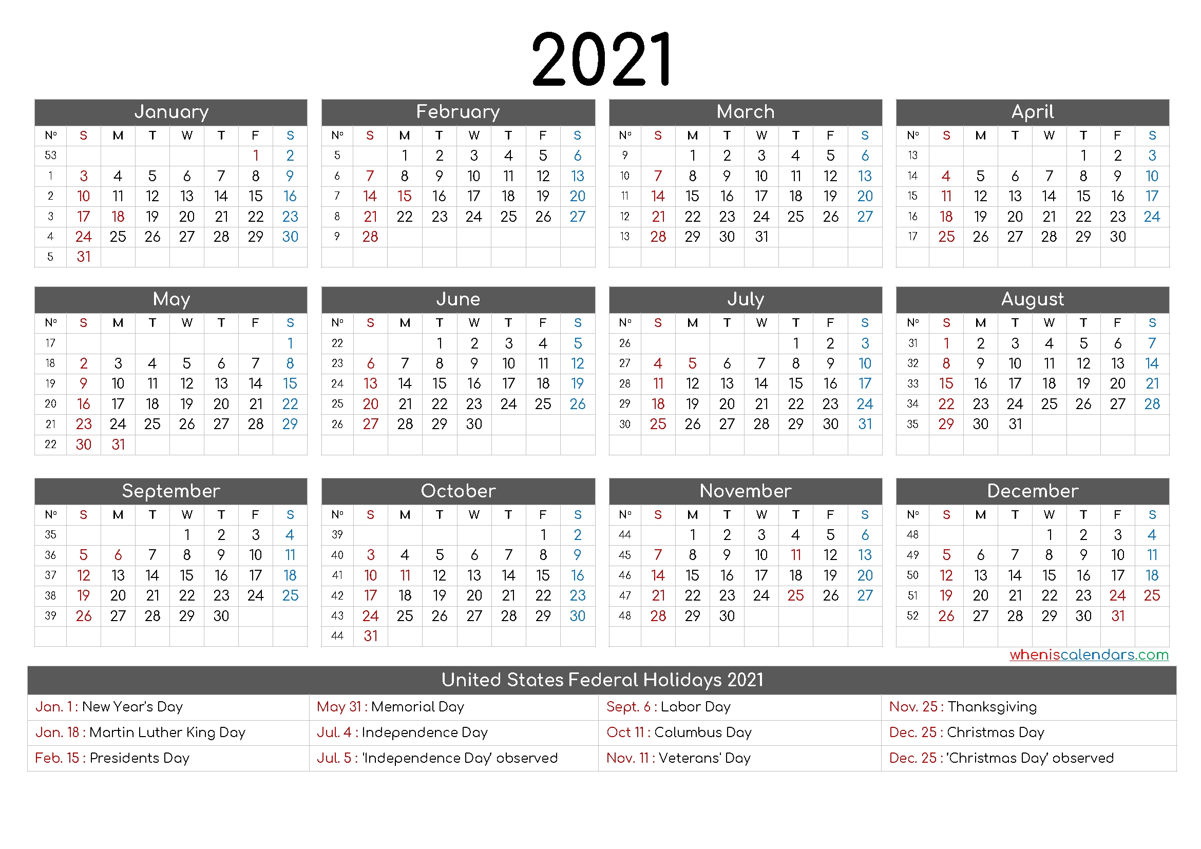 Free Printable 12 Month Calendar 2021 12 Templates