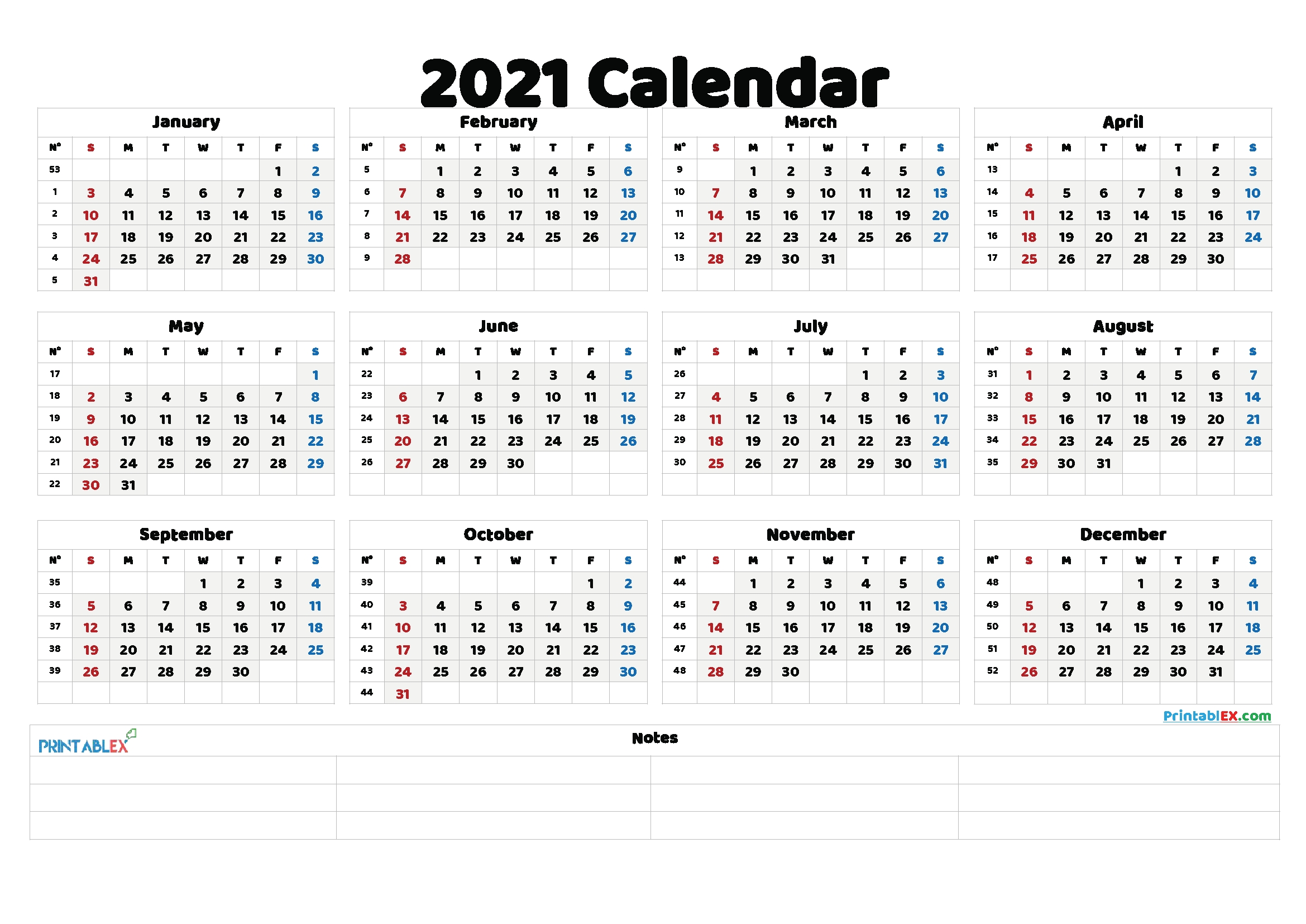 free printable 2021 yearly calendar with week numbers