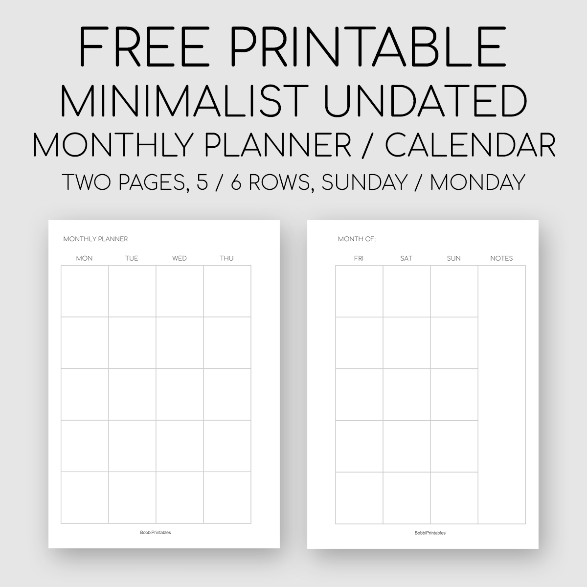 free printable minimalist monthly planner / undated calendar