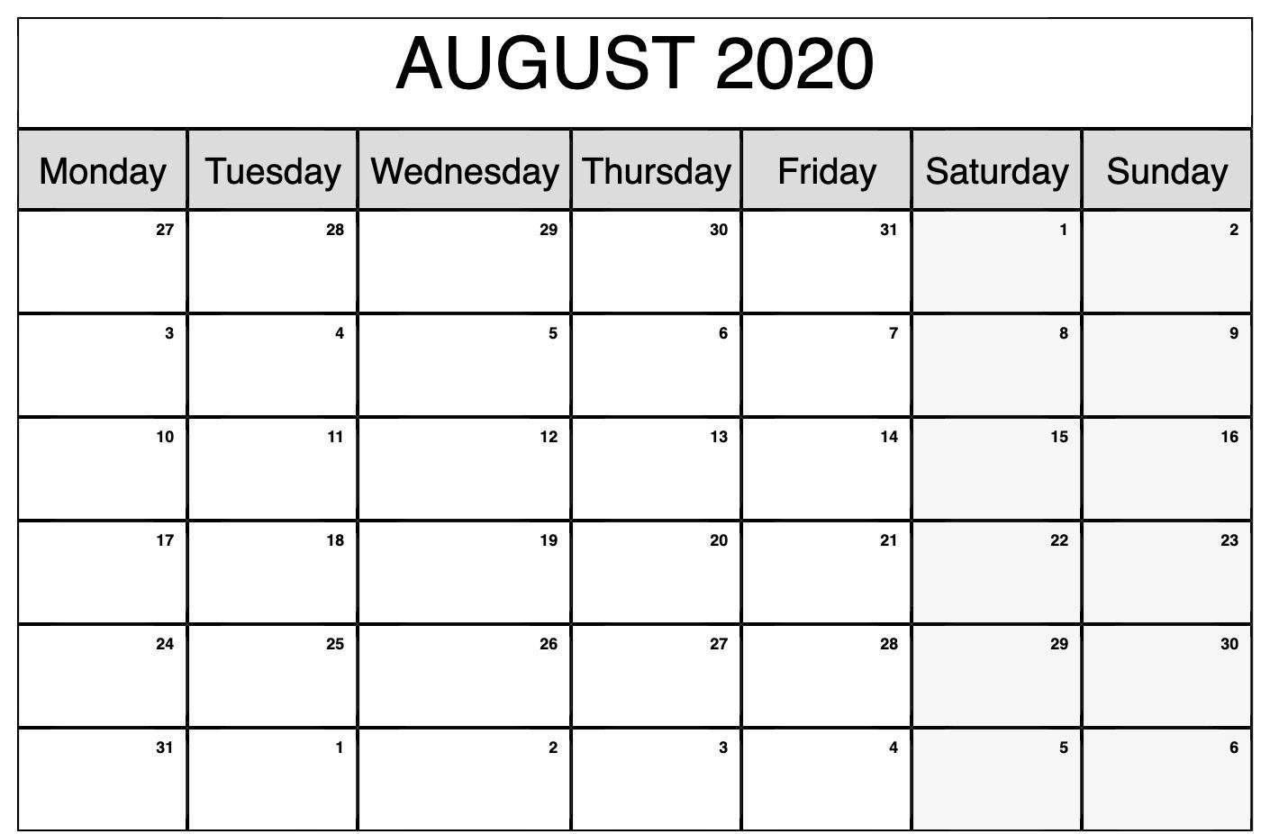 Monthly Calendar Template August 2020 | Editable Calendar