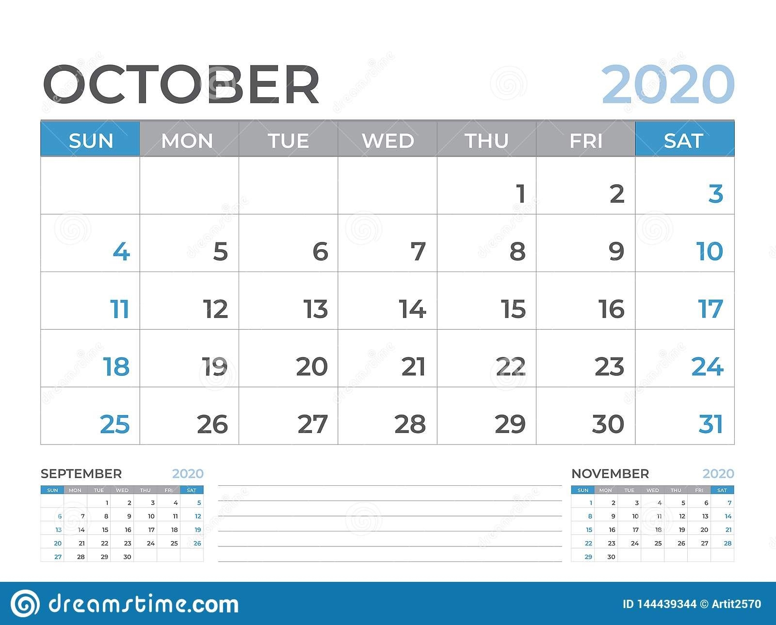 October 2020 Calendar Template, Desk Calendar Layout Size 8