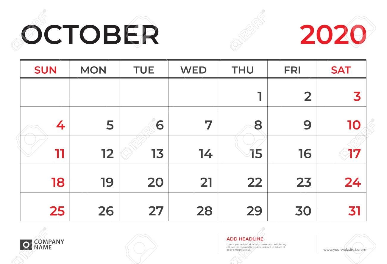 october 2020 calendar template, desk calendar layout size 9 5