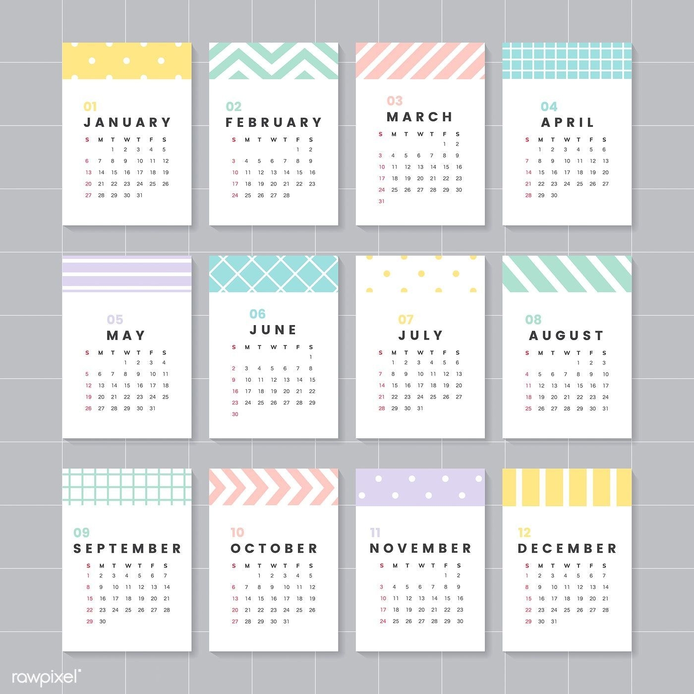 pastel patterned calendar 2019 vector set | free image