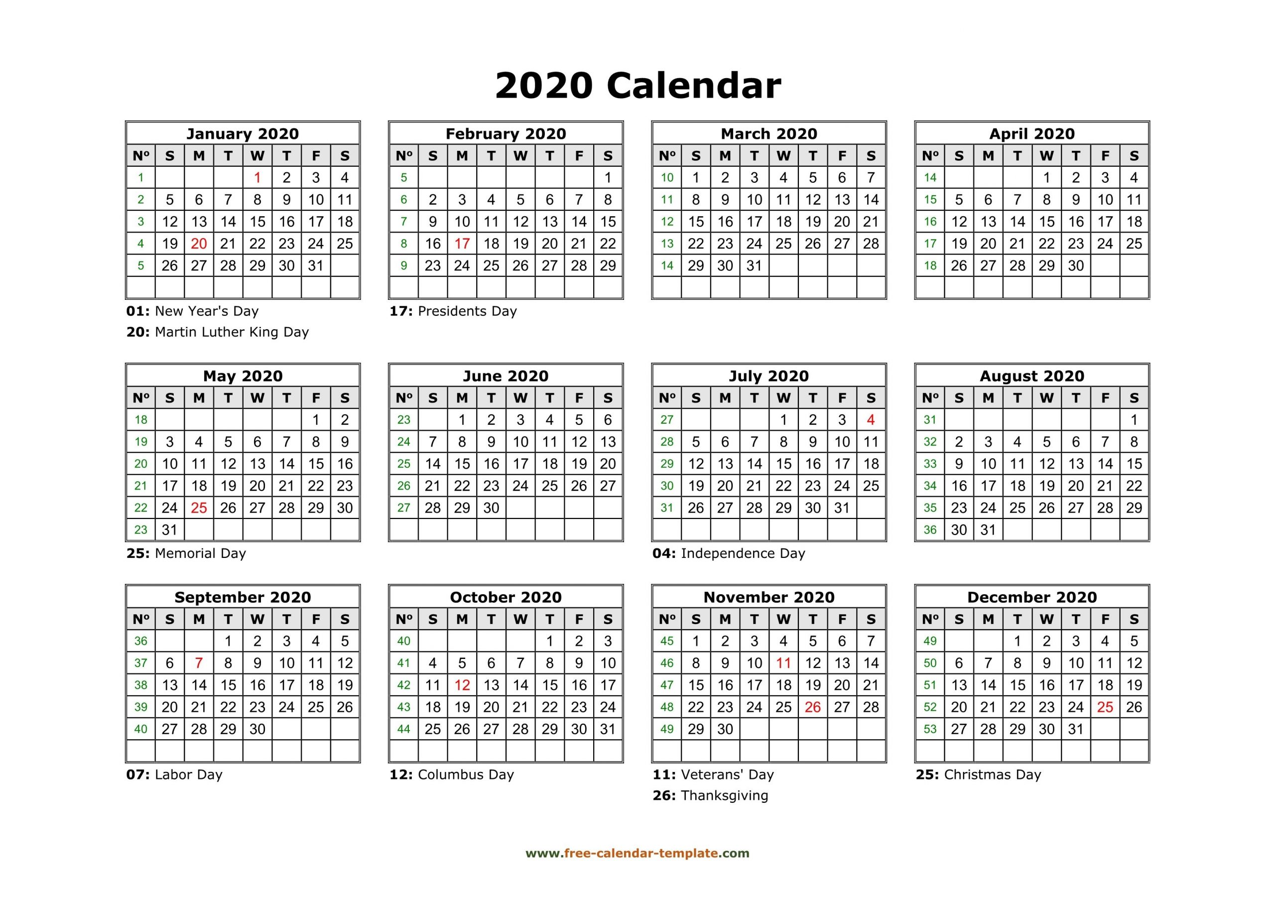 printable yearly calendar 2020 | free calendar template