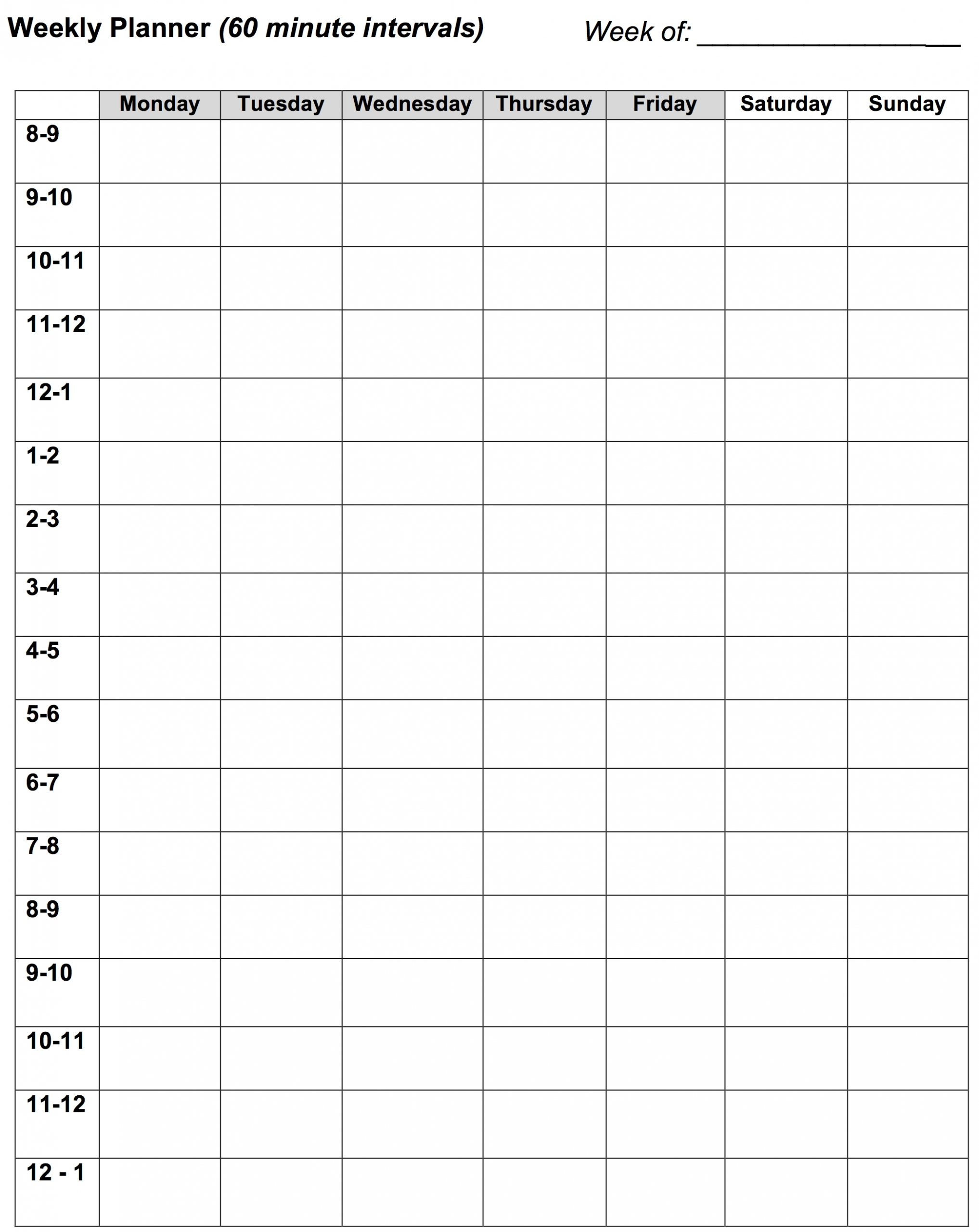 weekly planner: 60 minute intervals – learning center