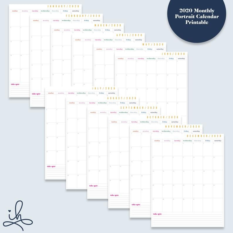 12 Month Portrait Calendar Printable Prefilled For 2020 | Etsy