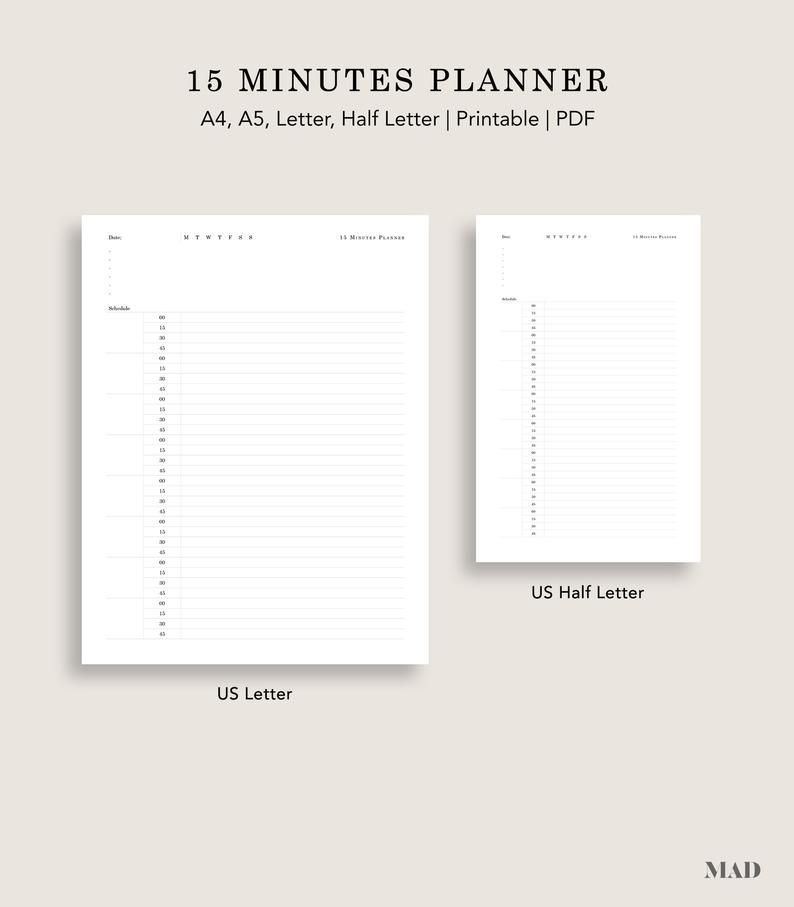 15 Minutes Planner, Daily Planner, A4, A5, Letter, Half