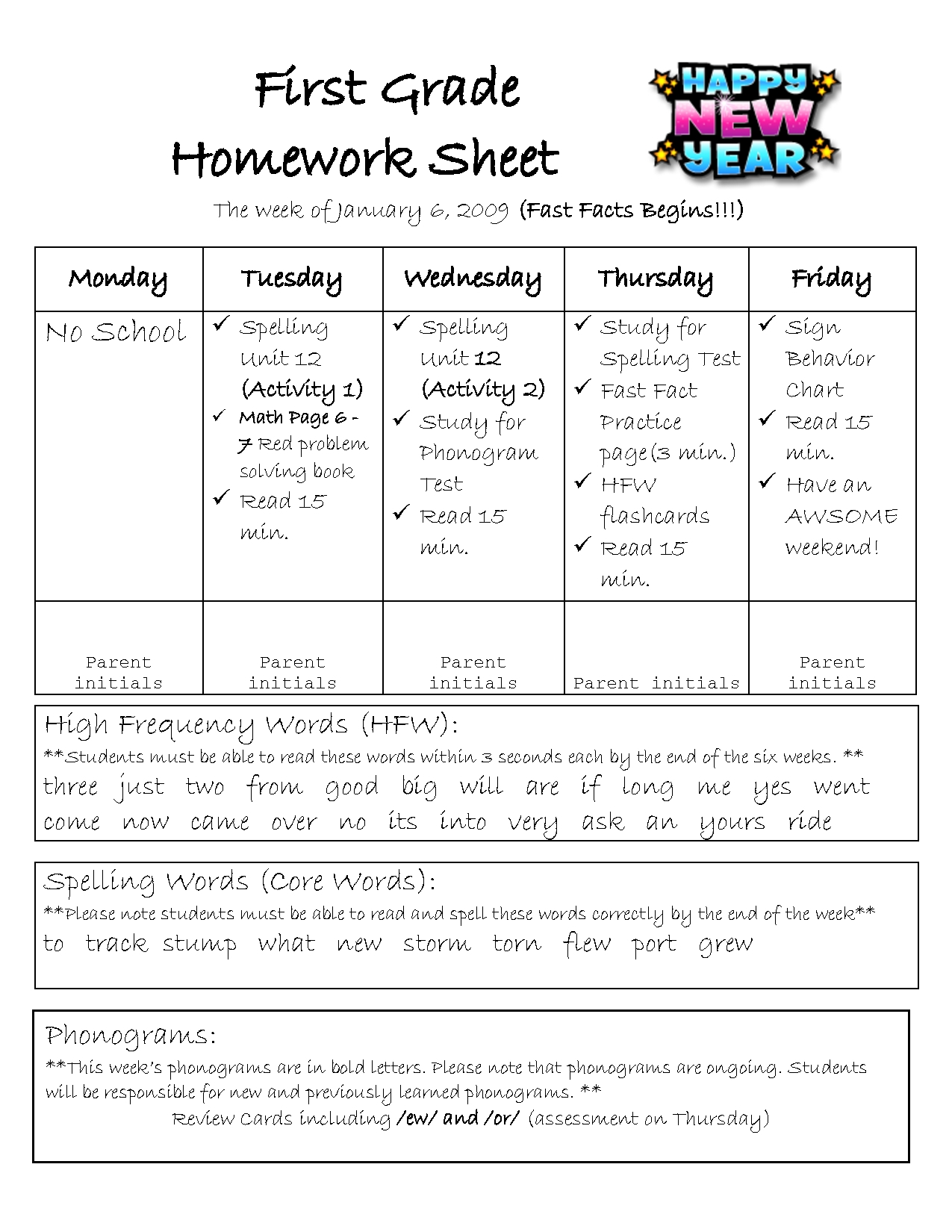 1st Grade Homework Chart Templates | Calendar Template