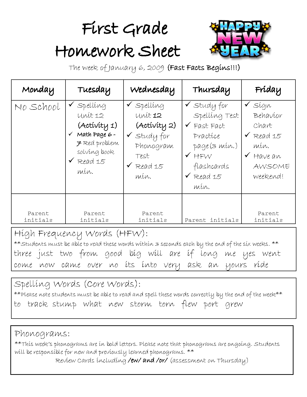 1st grade homework chart templates | calendar template