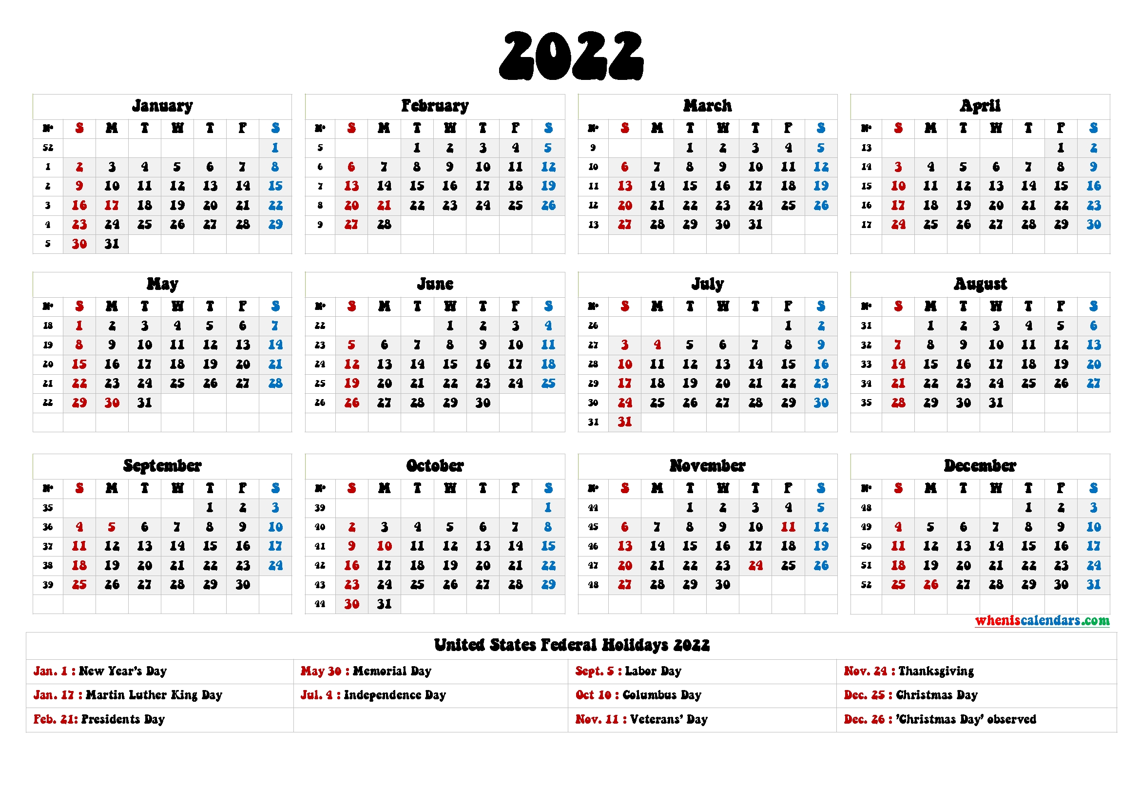 20 2022 holidays free download printable calendar