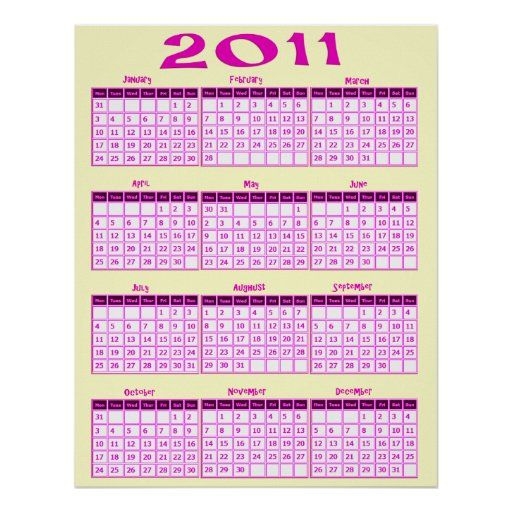 2011 year at a glance calendar poster print | zazzle