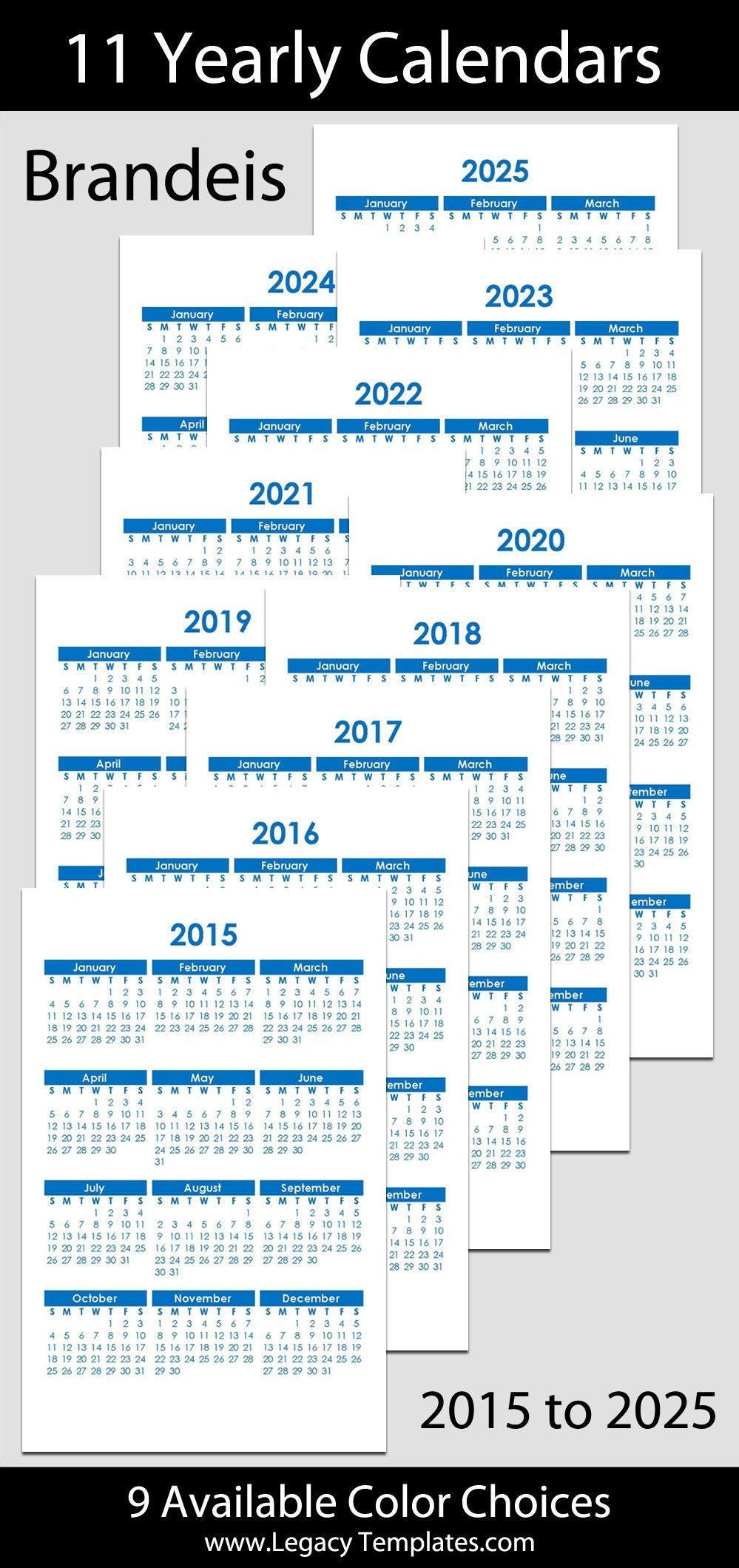 2015 to 2025 printable yearly calendars jr/half letter