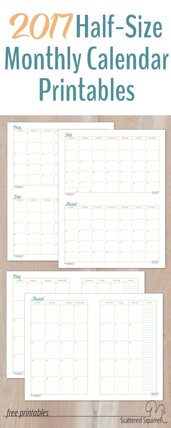 2017 half size monthly calendar printables