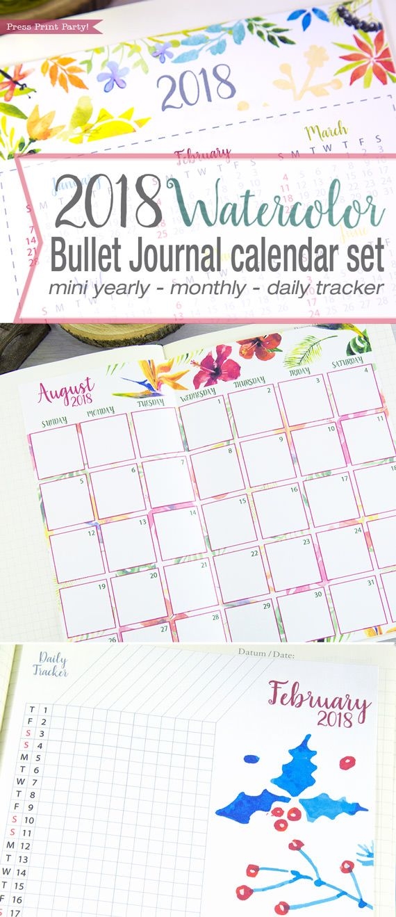 2018 calendar set, bullet journals, printable watercolor