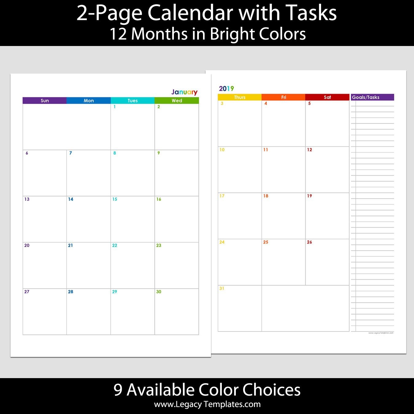 2019 12 months 2 page calendar a4 | legacy templates