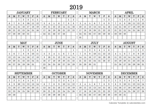 2019 blank yearly calendar landscape | calendar printables