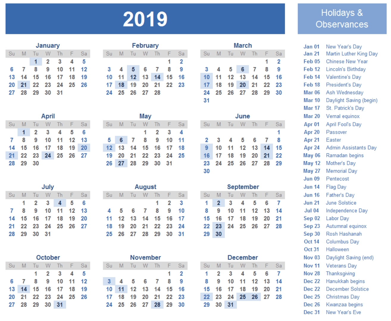 2019 Calendar Amazonaws