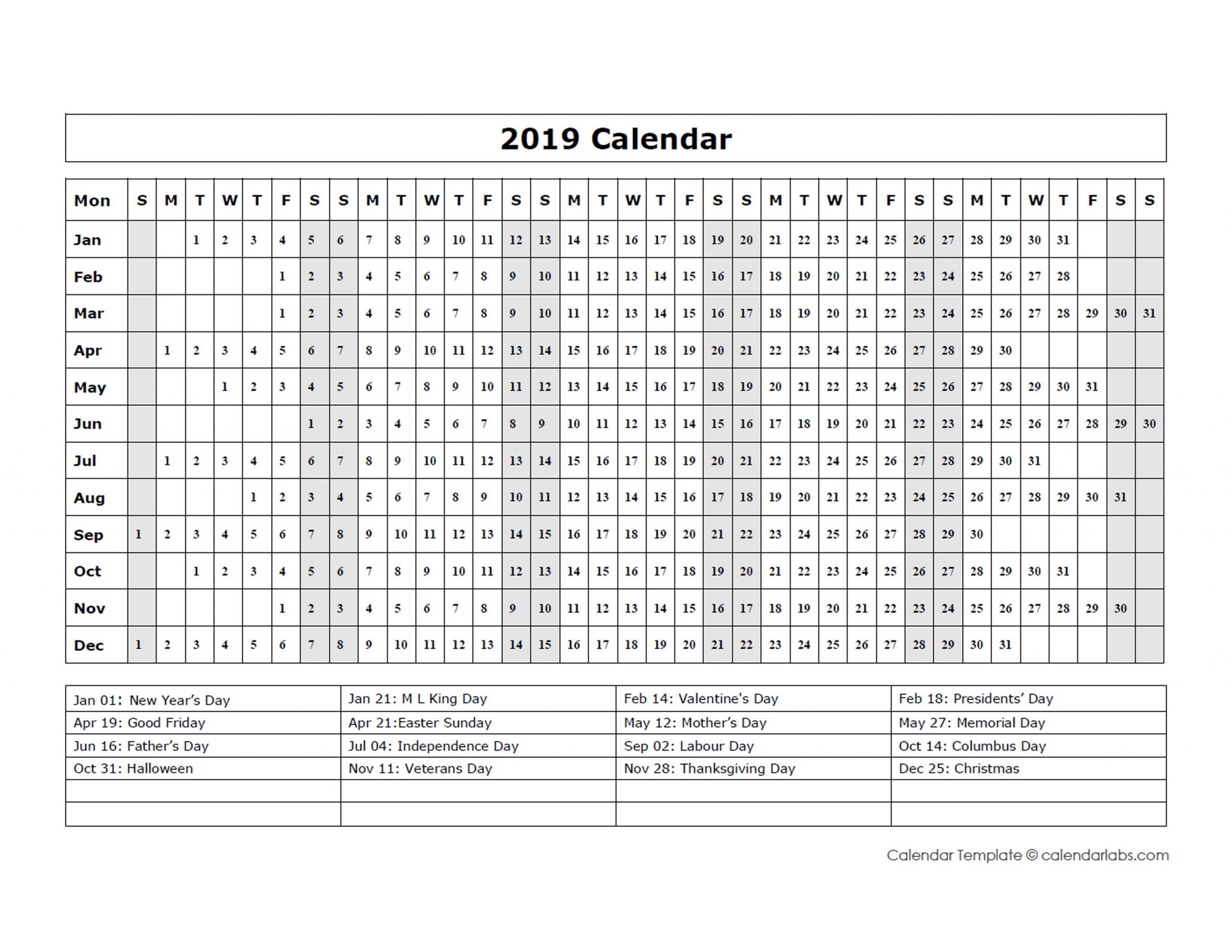 2019 calendar template year at a glance free printable