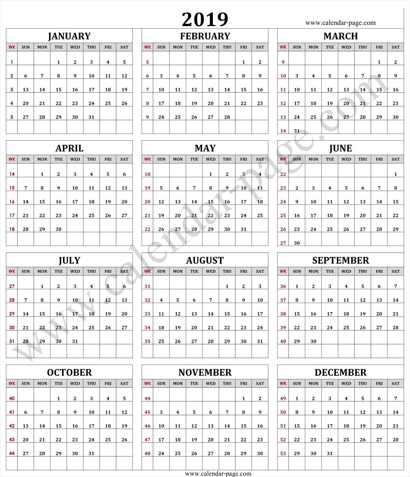 2019 calendar with week numbers free download printable