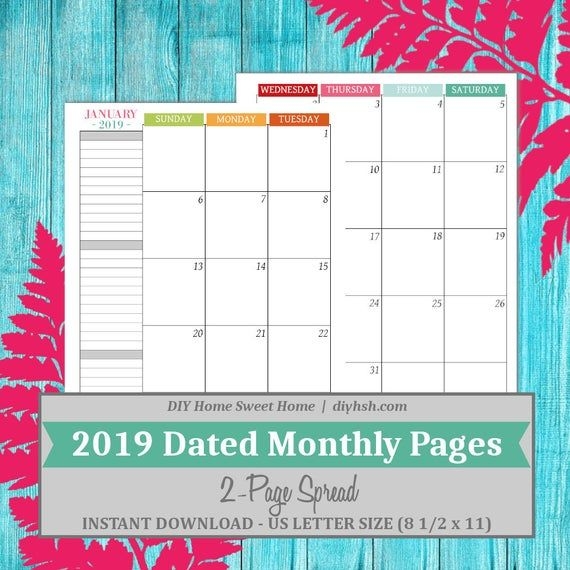 2019 Monthly Calendar Pdf Printable 2 Page Spread Us | Etsy