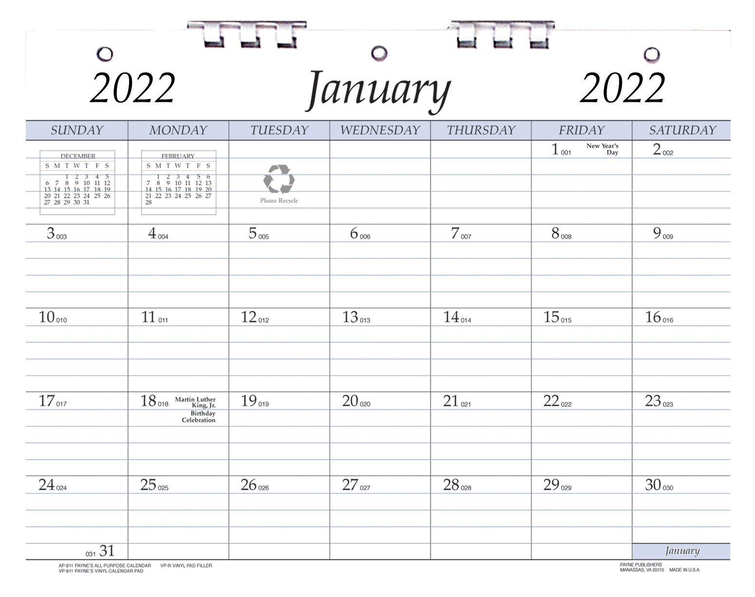 2019 Plastic Bound 3 Hole Punched Calendars 8 5 X 11