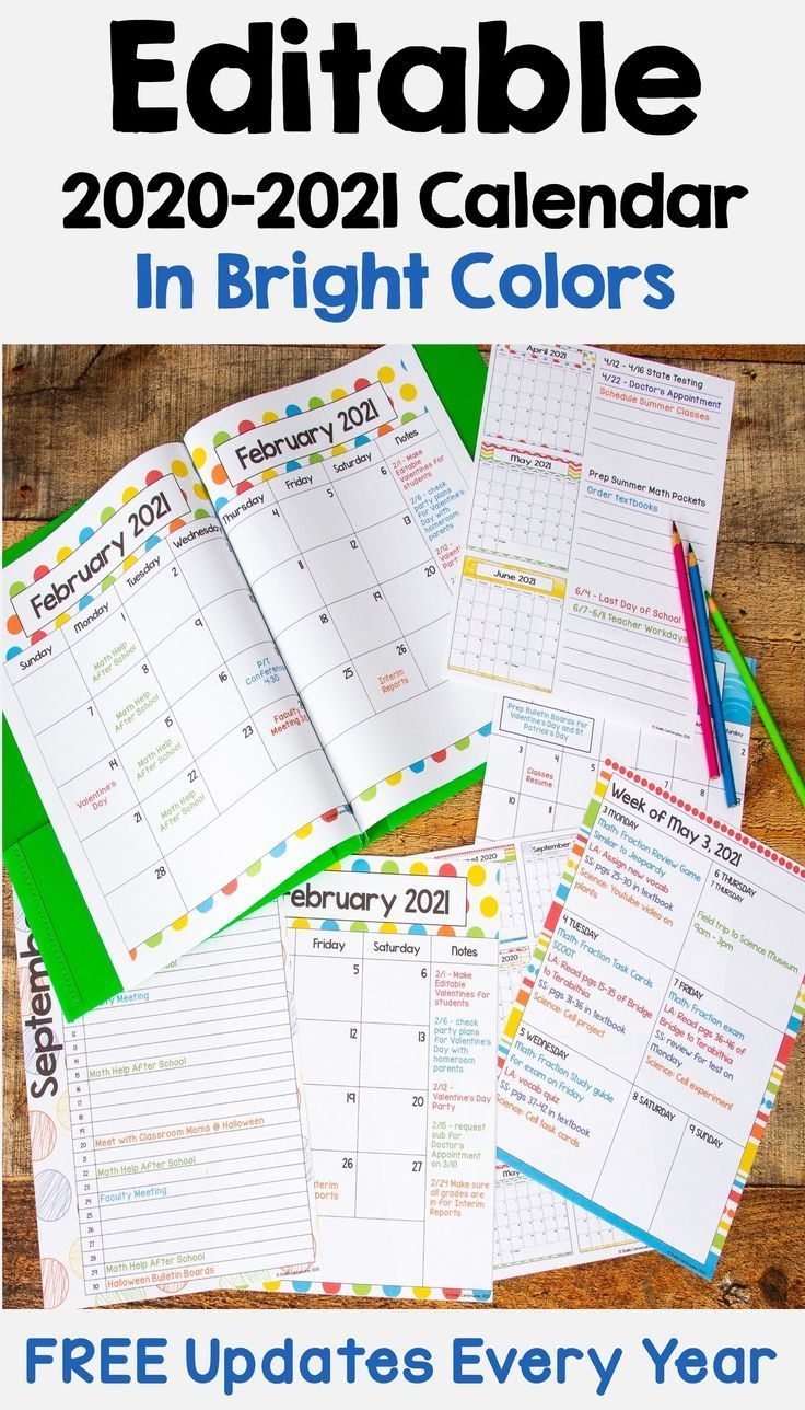 2020 2021 calendar printable and editable in bright colors