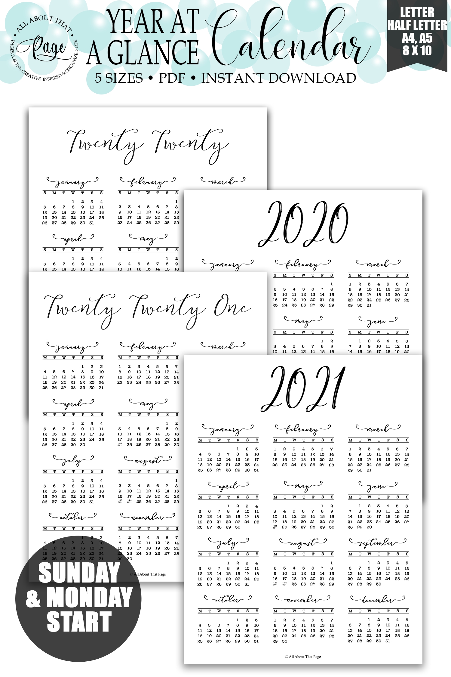 2020 2021 year at a glance calendar printable, simple