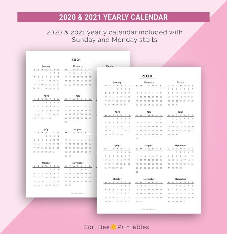 2020 2021 Year At A Glance Yearly Calendar Printable