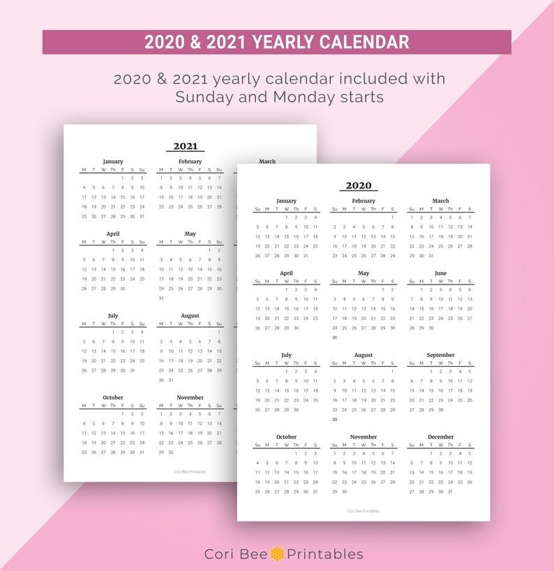 2020 2021 year at a glance yearly calendar printable