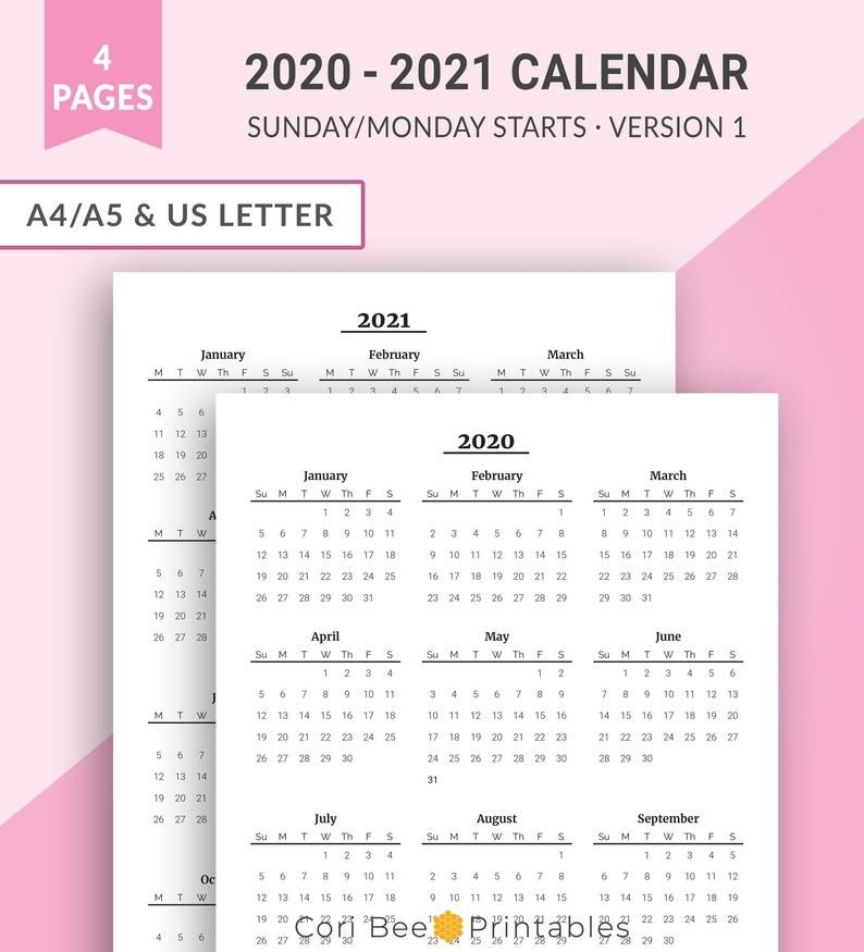 2020 2021 Year At A Glance Yearly Calendar Printable