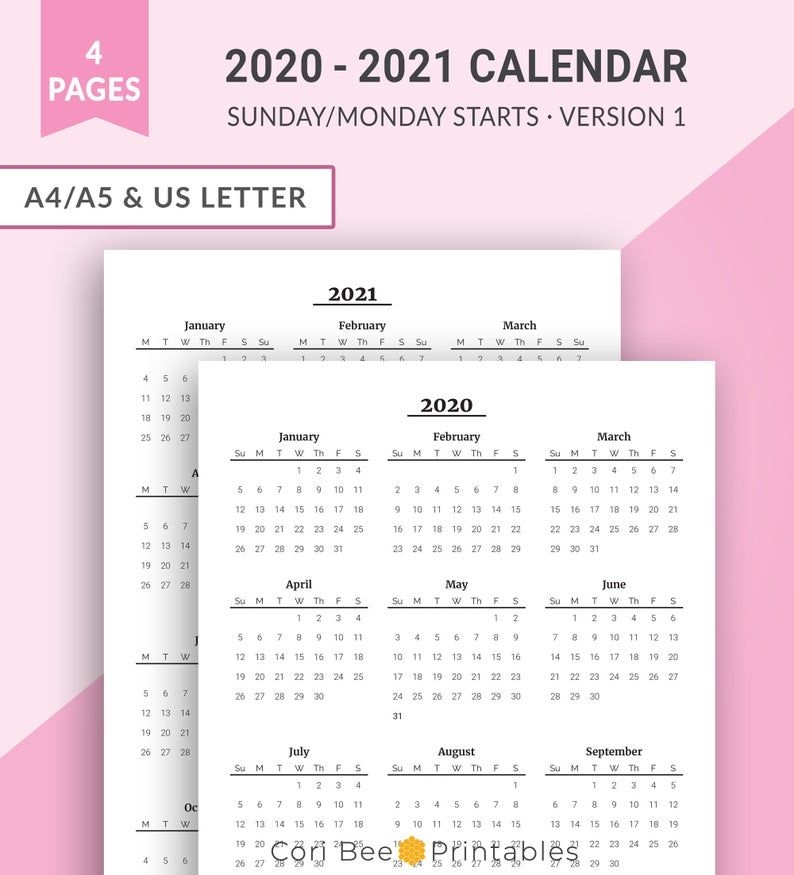 2020 2021 Year At A Glance Yearly Calendar Printable