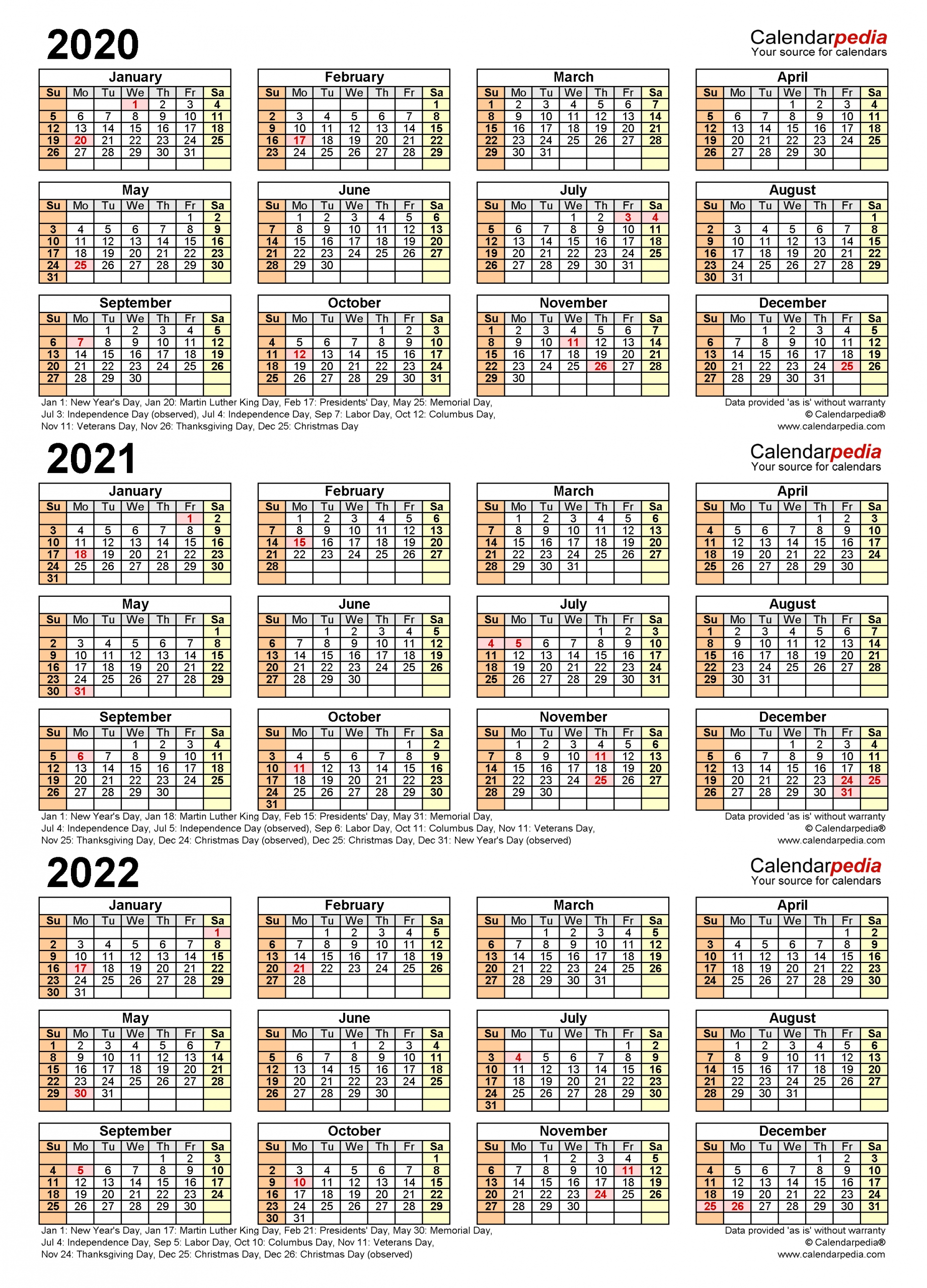 2020 2022 Three Year Calendar Free Printable Excel Templates