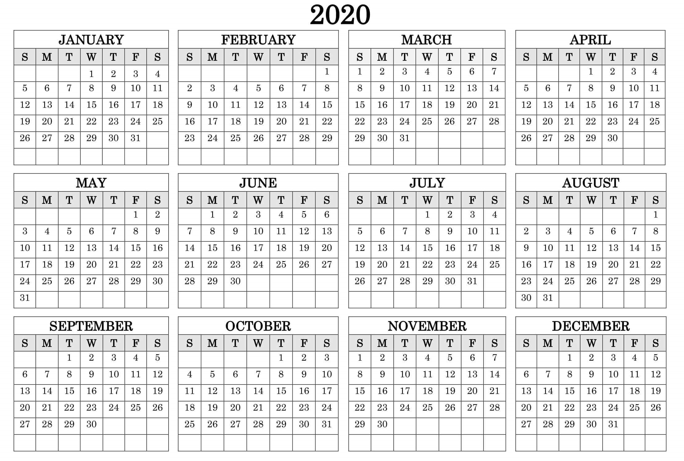 2020 Calendar On One Page Printable Templates Calendar