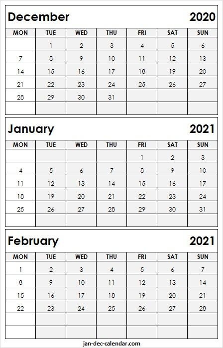 2020 December To 2021 February Printable Calendar Pinterest