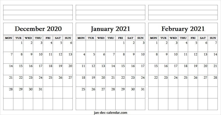 2020 December To 2021 February Printable Calendar Pinterest