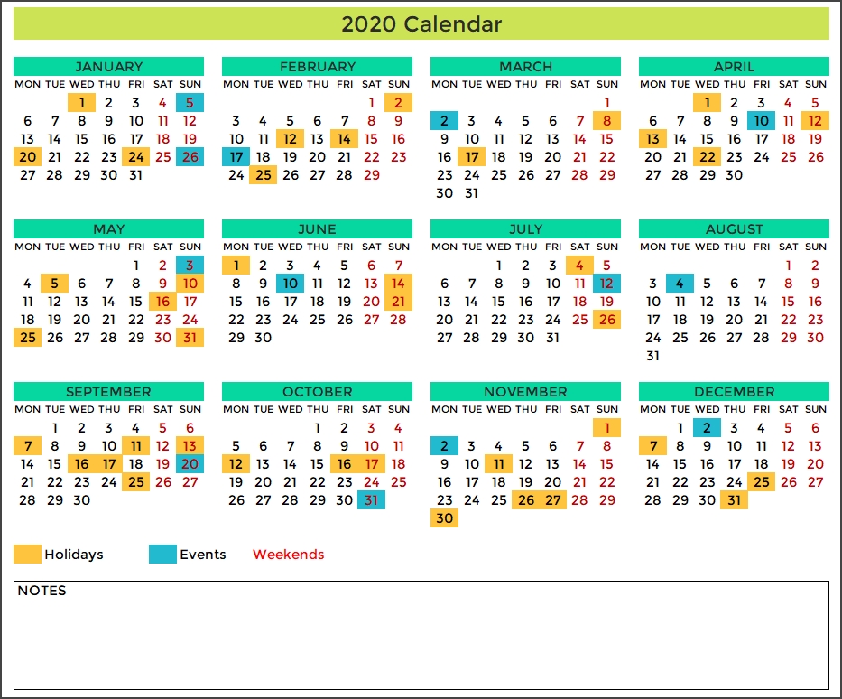 2020 Excel Calendar Template Free Download Spreadsheet