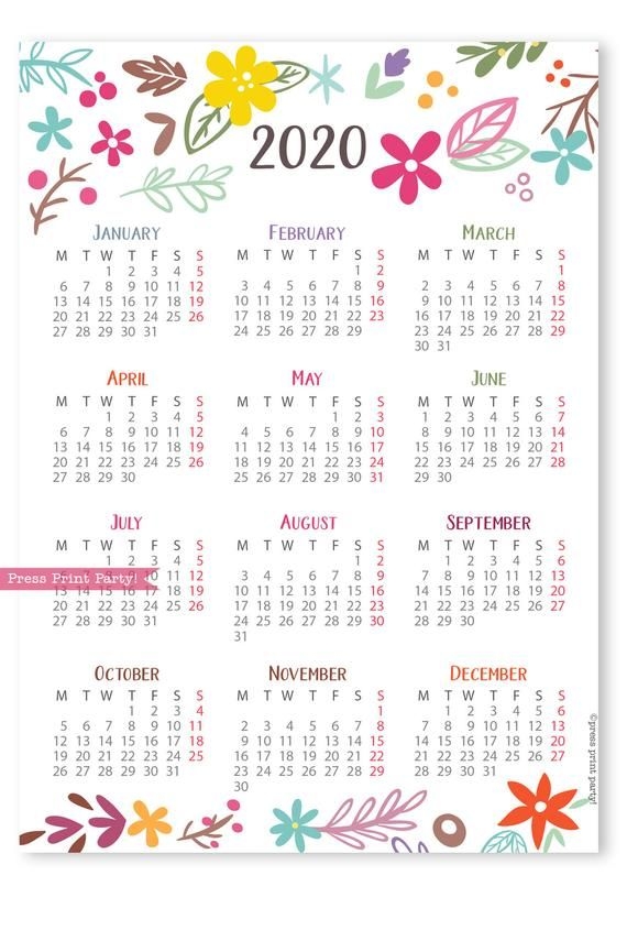 2020 One Page Bullet Journal Calendar Printable (cute
